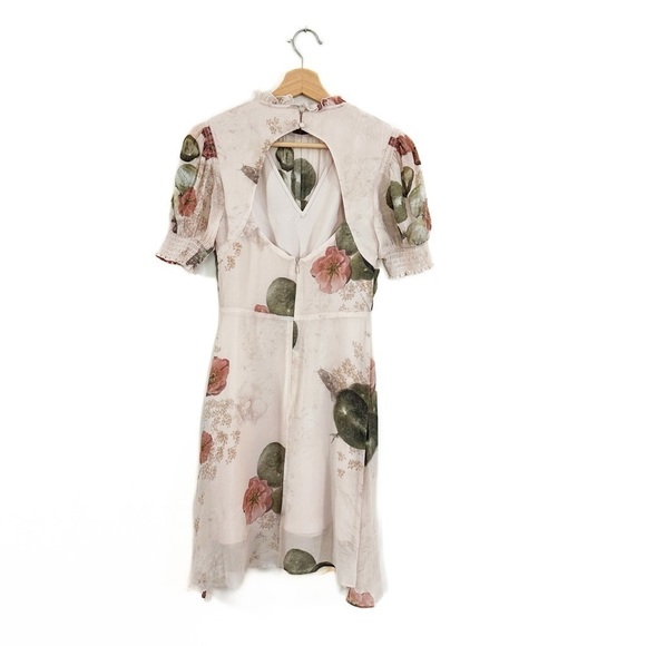 Allsaints Dress Womens 0 Pink Smocked Puff Sleeve Chiffon Floral - Picture 6 of 6